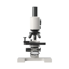 Modern laboratory microscope with multiple lenses and focus knobs on a white background