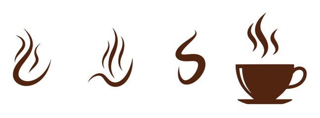 A simple brown of a coffee cup with steam rising, liquid being poured, and a saucer, on a white background. Vector illustration.