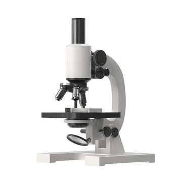Modern white laboratory microscope with black accents on a white background