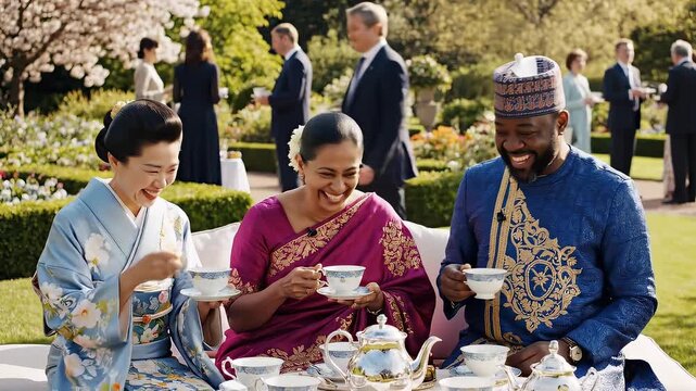 Diverse diplomats in traditional attire enjoy tea at garden reception