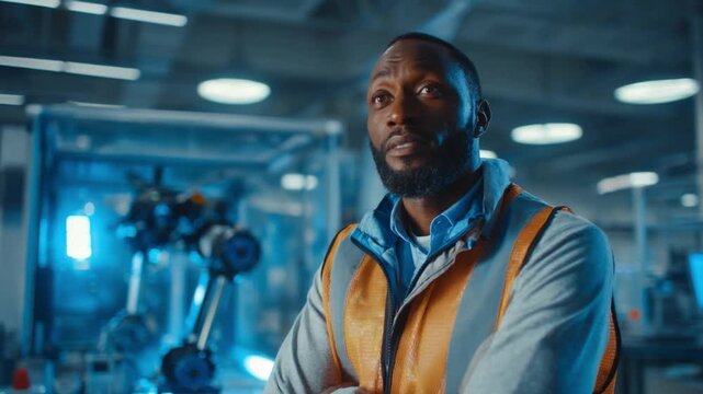 Focused Engineer: A focused engineer, framed against a high-tech facility's industrial ambiance, embodying dedication and technical prowess.