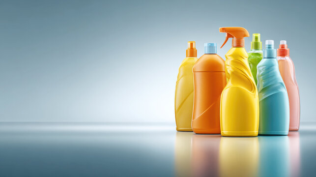 A collection of various colorful plastic detergent and cleaning product bottles arranged neatly against a clean minimalist gray background with a reflective surface and professional studio lighting