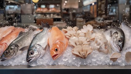 Fresh seafood display - variety of fish on ice for sale.