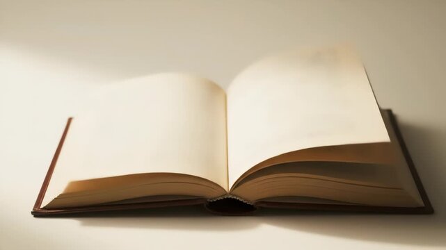 An open book lies on a plain surface, its pages blank and ready for content. Soft light illuminates the scene, casting gentle shadows and creating a serene atmosphere.