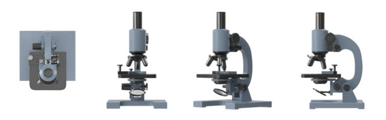 Vintage laboratory microscope shown from multiple angles on a clean white background