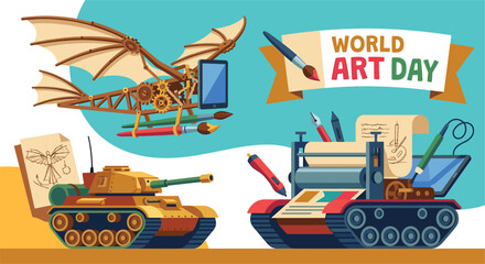 A colorful illustration celebrating World Art Day with creative tanks and art supplies