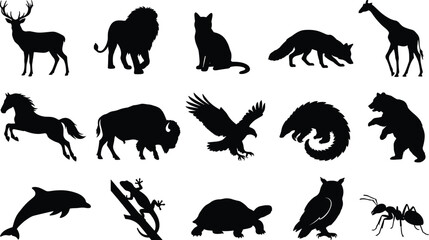 Naklejka premium Wild animal silhouettes set featuring mammals birds reptiles insects in various poses isolated on white background for wildlife nature illustration design collection