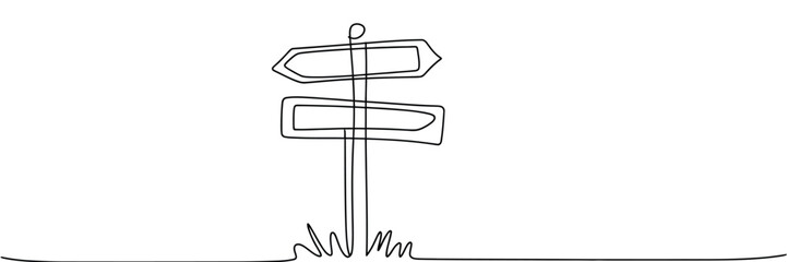 Wooden Signpost continuous line drawing with two blank directional arrows pointing outward, minimalist black outline on white background.