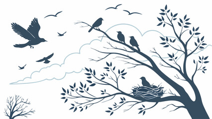 Silhouette of Birds Flying and Perching in Bare Tree with Nest Symbolizing Spring Migration Family Growth and New Beginnings