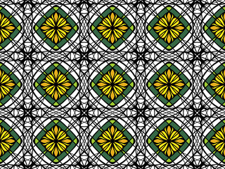 Abstract symmetrical design with yellow and green accents.