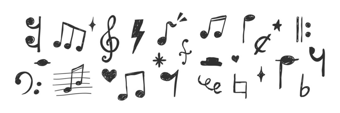Music notes crayon chalk pencil elements in sketch style. Grunge texture. Whimsical music symbols, signs design element. Border 