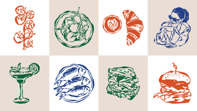 Ink drawing food and beverage illustration set. Doodles for menu, restaurant or cafe branding, postcards, greeting cards.