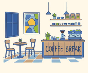 Street coffee shop artwork. Street cafe graphic print design for t shirt, apparel, posters, background and others. Street cafe abstract art design. Vintage hand sketch.