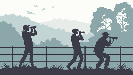 Birdwatchers Silhouettes Observing Wildlife with Binoculars Outdoors for Nature Documentary or Travel Blog Illustration