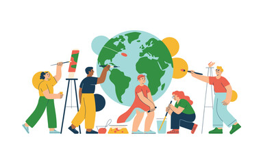 Fototapeta premium A group of diverse people painting a colorful globe with large brushes and paint rollers in a vibrant and collaborative scene