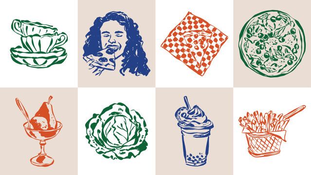 Ink drawing food and beverage illustration set. Doodles for menu, restaurant or cafe branding, postcards, greeting cards.