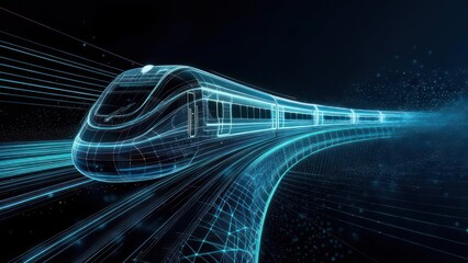 Futuristic train, digital lines, network of connections, abstract design, high speed