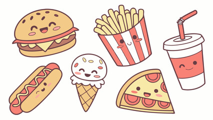 Cute Kawaii Fast Food Icons for Kids Menu Design Happy Burger Fries Pizza Drink Web Graphics