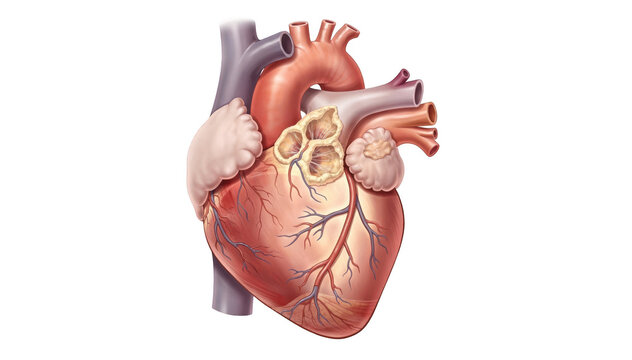 Frontal view of isolated heart with subtle color differences emphasizing normal versus carcinoid valve tissue presented in a clean clinical style.