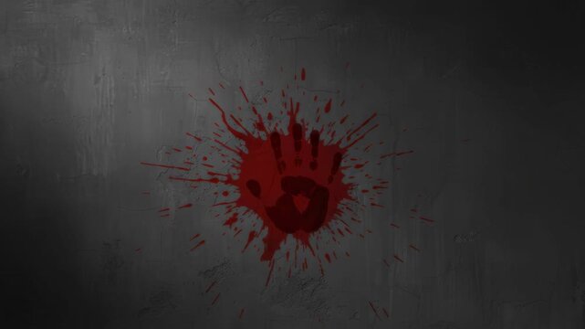 Red blood splatter across a grimy concrete wall, forming a chilling handprint at the center, dark, gritty crime scene evokes horror, forensic evidence, and violent mystery