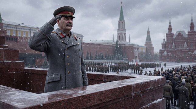 Realistic portrayal of Joseph Stalin saluting during a historical winter military parade in Moscow's Red Square, with the iconic Kremlin in the snowy background.