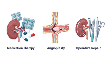 Isolated detailed graphic showing medication angioplasty and surgery icons on a clean white background illustrating renal artery stenosis management options in a structured table