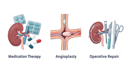 Isolated detailed graphic showing medication angioplasty and surgery icons on a clean white background illustrating renal artery stenosis management options in a structured table