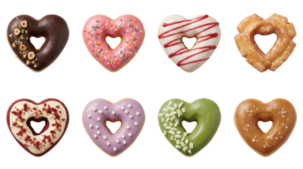 Heart shaped donut set including chocolate, strawberry, vanilla, and glazed flavors isolated. Sweet pastry collection for Valentine's Day or romantic celebrations.