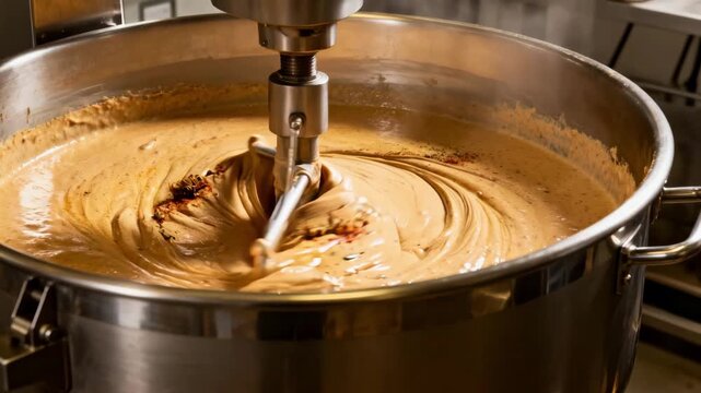 Large industrial kettle gently stirring smooth creamy pate mixture creamy textures blending with subtle spices for gourmet canned food production.