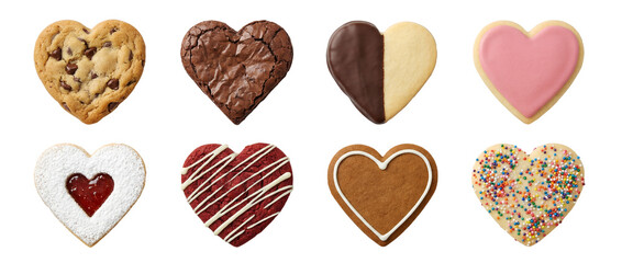 Heart shaped cookie set including chocolate chip, brownie, sugar, red velvet, and gingerbread variants isolated. Valentine day dessert and bakery collection.