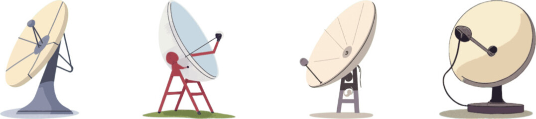 Watercolor satellite dish set. Isolated on white background