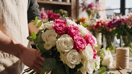 Florist arranging a beautiful bouquet of fresh pink and white roses with eucalyptus leaves in a shop