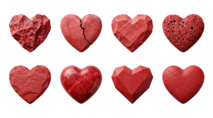 Red heart stone set including volcanic, cracked, polished, faceted, and smooth textures isolated. Romantic concept and symbol collection.
