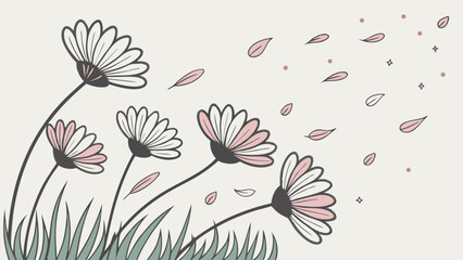 Wind Blown Daisies Blowing Petals in Spring Meadow for Nature Website Design or Seasonal Greeting Card Background