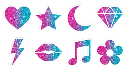 Pink and blue glitter sticker set including heart, star, moon, diamond, bolt, lips, music note, and flower shapes isolated. Decorative sparkling party elements.