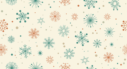 Seamless winter pattern with various stylized snowflakes and dots in muted green and orange on a cream background.