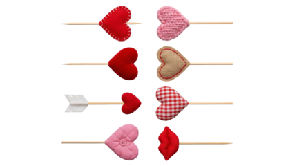 Handmade heart topper set including felt, knitted, burlap, gingham, and quilted styles on wooden sticks isolated. Valentine's day decoration and craft collection.