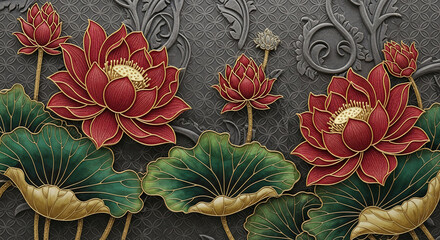 Image shows red lotus flower and green leaf with gold outlines on dark gray patterned background, representing grace, elegance, and oriental motif