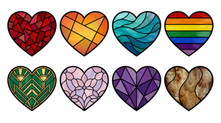 Stained glass heart set including mosaic, geometric, floral, and rainbow patterns isolated. Decorative glass art and valentine collection.