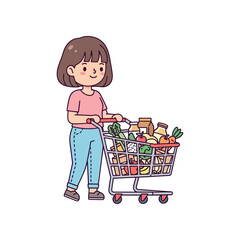 Woman with shopping cart full of groceries at supermarket checkout