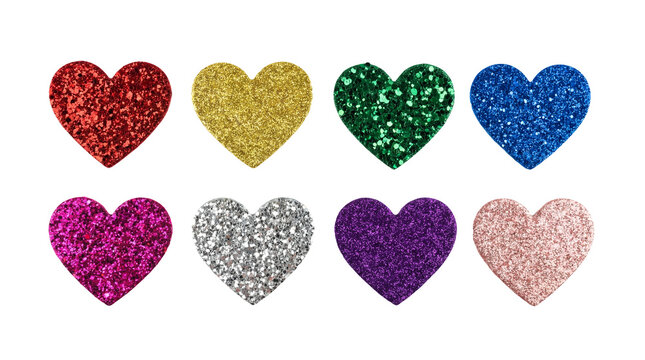 Glitter heart set including red, gold, green, blue, pink, silver, purple, and rose gold sparkling shapes isolated. Romantic decoration and Valentine's Day craft collection.