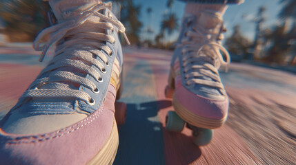 First person view roller skates moving along colorful path summer speed freedom style joy sport vibes motion
