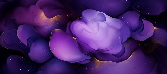 Elegant Lavender Ink Blooming and Flowing Waves Background with Golden Particles, Seamless Design