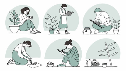 Six Illustrations of People Gardening and Tending Plants for Wellness Lifestyle Blogs and Home Decor Websites
