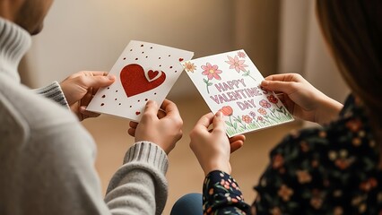 Couple sharing valentine's day cards with heart and floral designs