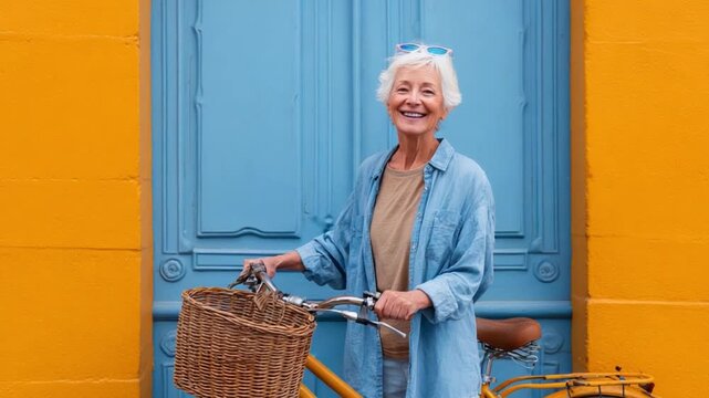 Joyful Senior with Bicycle by Blue Door: An elegant senior woman radiates happiness, holding her bicycle. The vibrant scene features a blue door, framed by lively yellow. It's a sunny day.