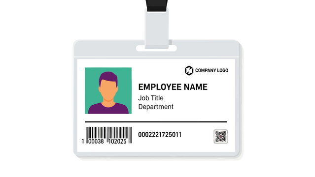 Employee ID badge with photo name job title department and barcodes