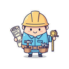 Fototapeta premium A smiling cartoon worker in a yellow hard hat holds tools and blueprints on a site.