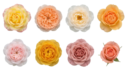 Rose flower head set including yellow, pink, peach, white, and orange varieties isolated. Floral collection for wedding decor and botanical design.