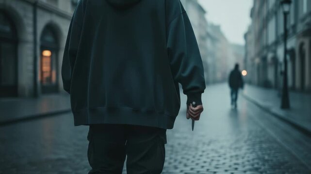 Criminal holding a knife while following a lone person down a dark, wet cobblestone street at night, creating a tense atmosphere of imminent danger, assault, and urban crime